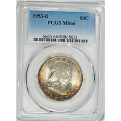 1953-D FRANKLIN HALF DOLLAR, PCGS MS-66 RARE! FABULOUS TONING