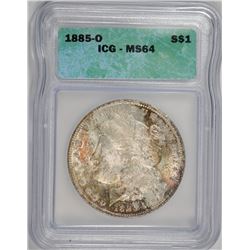 1885-O MORGAN SILVER DOLLAR, ICG MS-64  RAINBOW COLOR