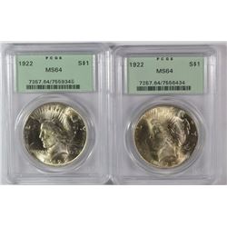 2 - 1922 PEACE SILVER DOLLARS, PCGS MS64 OLD GREEN HOLDERS!
