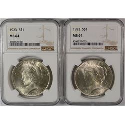 2 - 1923 PEACE SILVER DOLLARS NGC MS64
