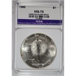 1986 AMERICAN SILVER EAGLE, ICGA PERFECT GEM BU  FIRST YEAR OF ISSUE