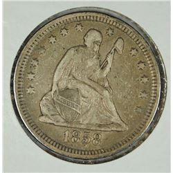 1858 SEATED LIBERTY QUARTER CH XF  AU