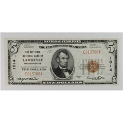 1929 $5.00 NATIONAL CURRENCY TY1 BAY STATE NATIONAL BANK OF LAWRENCE MASS. AU