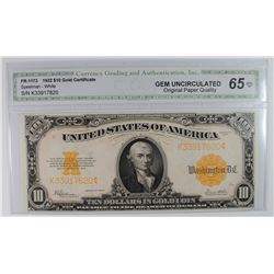 1922 $10.00 GOLD CERTIFICATE CGA 65-OPQ RARE