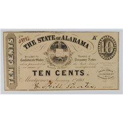 1863  TEN CENTS STATE OF ALABAMA CIVIL WAR FRACTIONAL ISSUE #35047