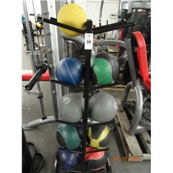 Lot of Weighted Exercise Balls w/Rack