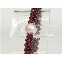 #16-STERLING SILVER GARNET BEAD AND PEARL BRACELET