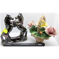 HORSE AND FLOWER PORCELAIN HAND CRAFTED BASKET