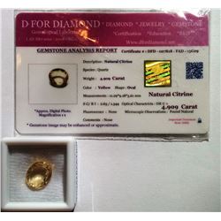 4.909 CT NATURAL OVAL CITRINE & COA