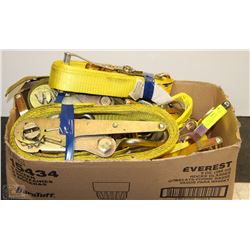 BOX OF ASSORTED HEAVY DUTY TIE DOWN STRAPS