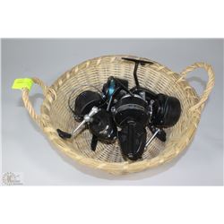 WICKER BASKET WITH 3 "MITCHELL" REELS WITH FISHING