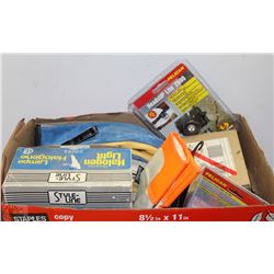 BOX OF MISCELLANEOUS ITEMS; HALOGEN LIGHT, HEADLAMP
