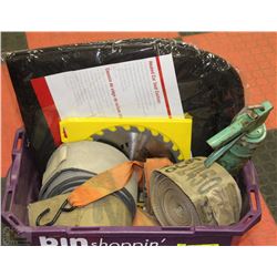 TOTE WITH ASSORTED TIE DOWN STRAPS, CAULKING GUN,