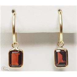 #27-14K YELLOW GOLD GARNET HOOP EARRINGS