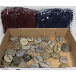 FLAT OF DECORATIVE ROCKS AND SMALL VELVET BAGS