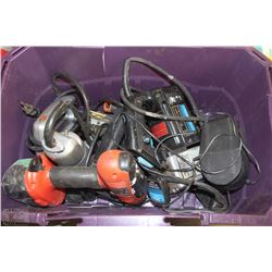 TOTE OF ASSORTED DRILLS AND SAWS AND OTHER TOOLS