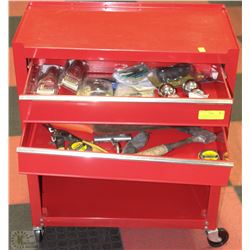 RED 2 DRAWER TOOL BOX ON CASTORS COMES W/CONTENTS