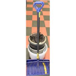 2 SHOVELS WITH ASSORTED PLANTING POTS