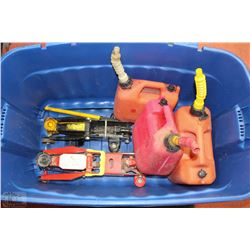 TOTE WITH TWO CAR JACKS AND 3 ASSORTED JERRY CANS