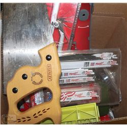 BOX WITH ASSORTED NEW & USED TOOLS, TOOL SETS, &