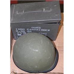 MILITARY SHELL BOX AND BRITISH ARMY HELMET