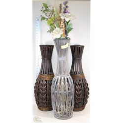 3 DECORATIVE VASES INCL 2 LARGE BAMBOO