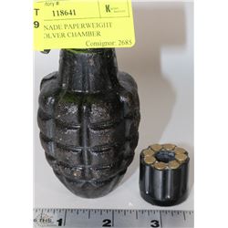 HAND GRENADE PAPERWEIGHT WITH REVOLVER CHAMBER