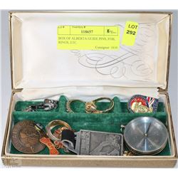 BOX OF ALBERTA GUIDE PINS, FOB, RINGS, ETC.