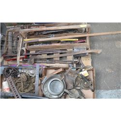 PALLET OF ANTIQUE TOOLS INCL WOODEN BLOCK AND