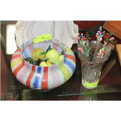 ART GLASS BOWL WITH ART GLASS VEGETABLES SOLD