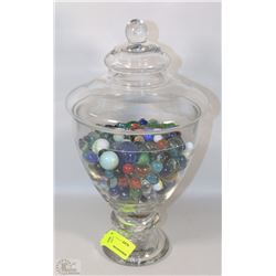 LARGE GLASS LIDDED DISH FILLED WITH MARBLES