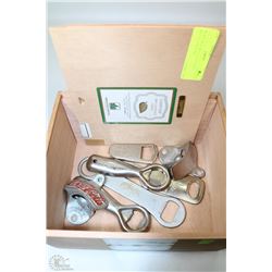 WOOD BOX WITH 8 VINTAGE BOTTLE OPENERS