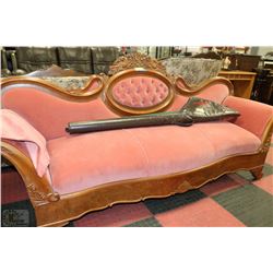 VINTAGE WOOD CARVED DUSTY ROSE SOFA 84" X24"