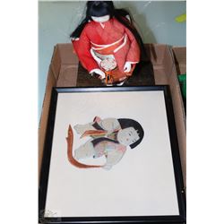 LOT OF ASIAN ORIGIN ITEMS; FRAMED PICTURE+GIRL