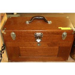 VINTAGE OAK HOBBIES TOOL BOX WITH SUPPLIES