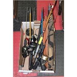 BOX OF 9 VINTAGE FISHING RODS AND 3 ICE FISHING