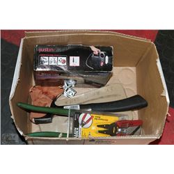 BOX WITH NEW MASTERCRAFT HATCHET WITH LEATHER