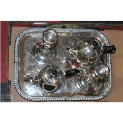 SILVER PLATED TEA SET AND CANDLE HOLDERS WITH TRAY