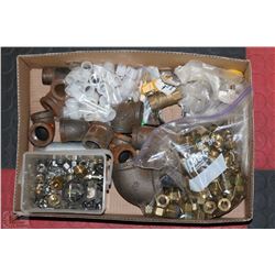BOX W/PLUMBING SUPPLIES INCL. BRASS