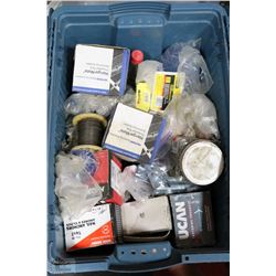 BLUE DOUBLE-LID BIN FULL OF FASTENERS,