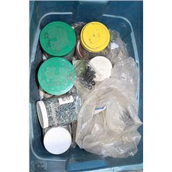 BLUE BIN FULL OF ASSORTED HARDWARE &