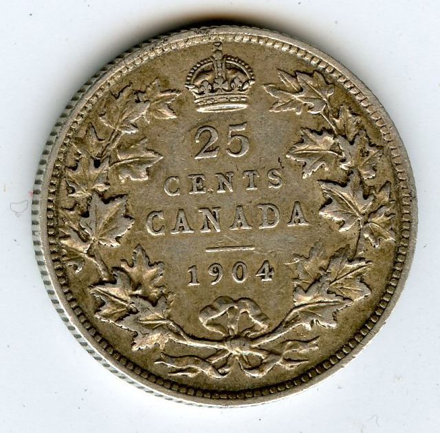 1904 Canada 25 Cents F VF 1904-canada-25-cents-f-vf