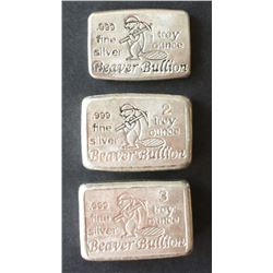 Lot of 3 Beaver Bullion 999 Silver Bars