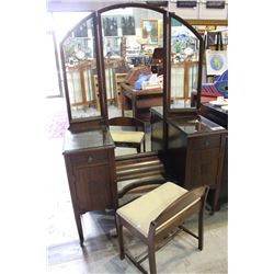 WALNUT VANITY WITH BENCH, C. 1920S