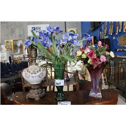 COLLECTION OF 2 VASES WITH FLOWERS, AND ONE WATER EWER