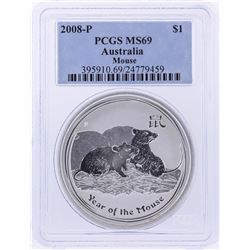 2008-P $1 Australia Year of the Mouse Silver Coin PCGS MS69