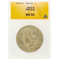 1922 $1 Peace Silver Dollar Rim Clip ANACS MS60