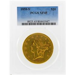 1858-S $20 Liberty Head Double Eagle Gold Coin PCGS Graded XF45
