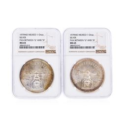 Set of (2) 1979MO Mexico 1 Onza Silver Pan Between "U" and "N" Coins NGC MS65