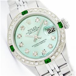 Womens Rolex Stainless Steel Diamond and Emerald Datejust Wristwatch